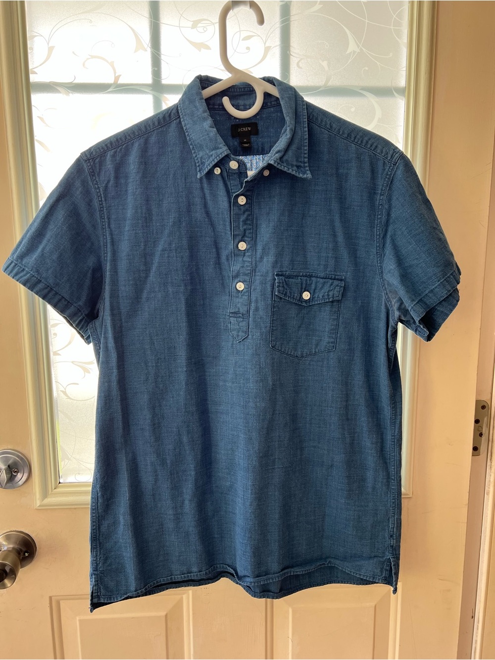 J. Crew Men's Denim-Look Blue Short Sleeve Button Down Polo